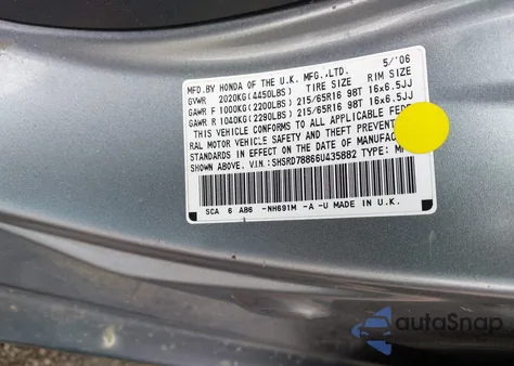 2006 Honda Cr-V Ex z USA, uszkodzony, nr VIN SHSRD78866U435882